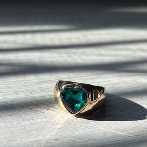 Gold-Plated Heart Ring with Emerald Green Stone